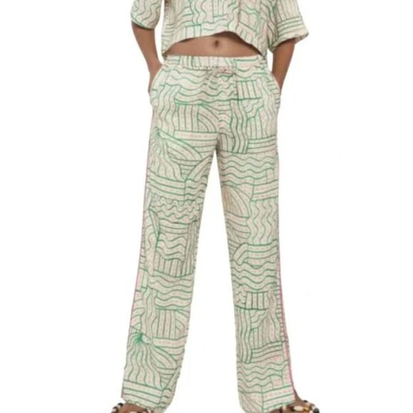 Zara Linen Blend Graffiti Print Pant Cream Green Pink Jogger Pajama Trouser XS - Picture 1 of 8